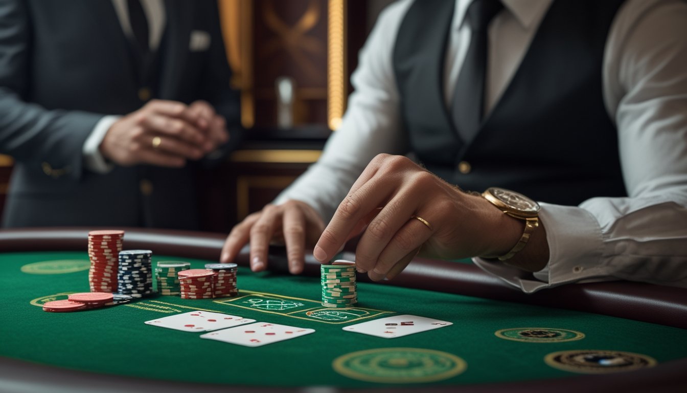 Seorang pemain berkonsentrasi di meja permainan kartu dengan dealer dan menjaga taruhan di suasana kasino yang elegan.