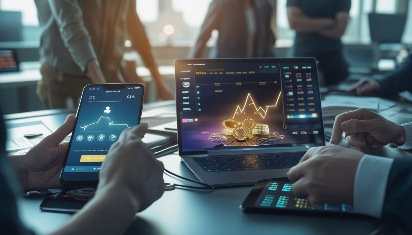 Sekelompok orang dewasa menganalisis tren permainan kartu digital melalui perangkat modern dengan grafik data bercahaya.