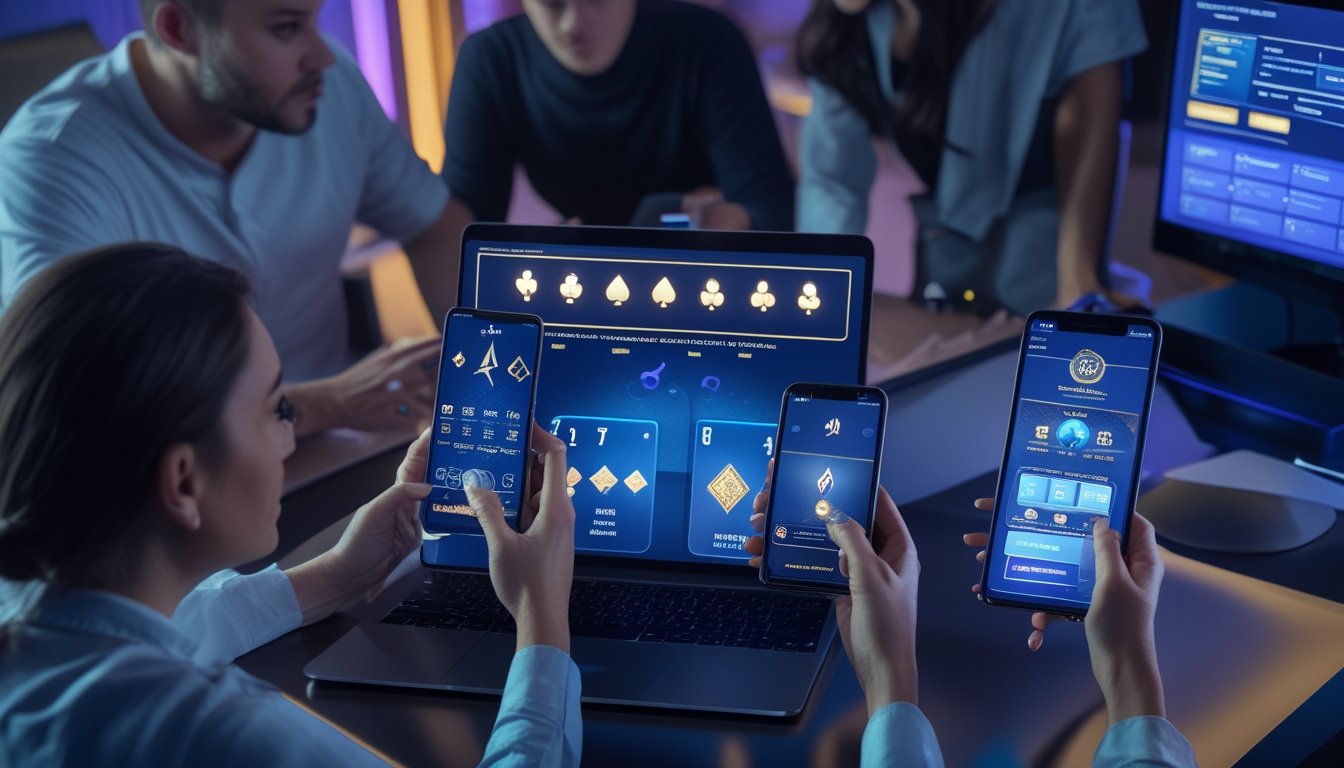 Orang dewasa menggunakan perangkat digital untuk bermain permainan kartu online dalam suasana modern.