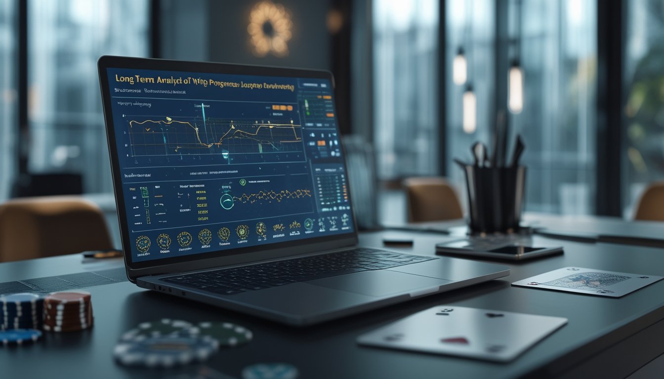 Meja analisis modern dengan laptop, kartu, keping taruhan, dan grafik statistik abstrak untuk berbagai peluang permainan jangka panjang.