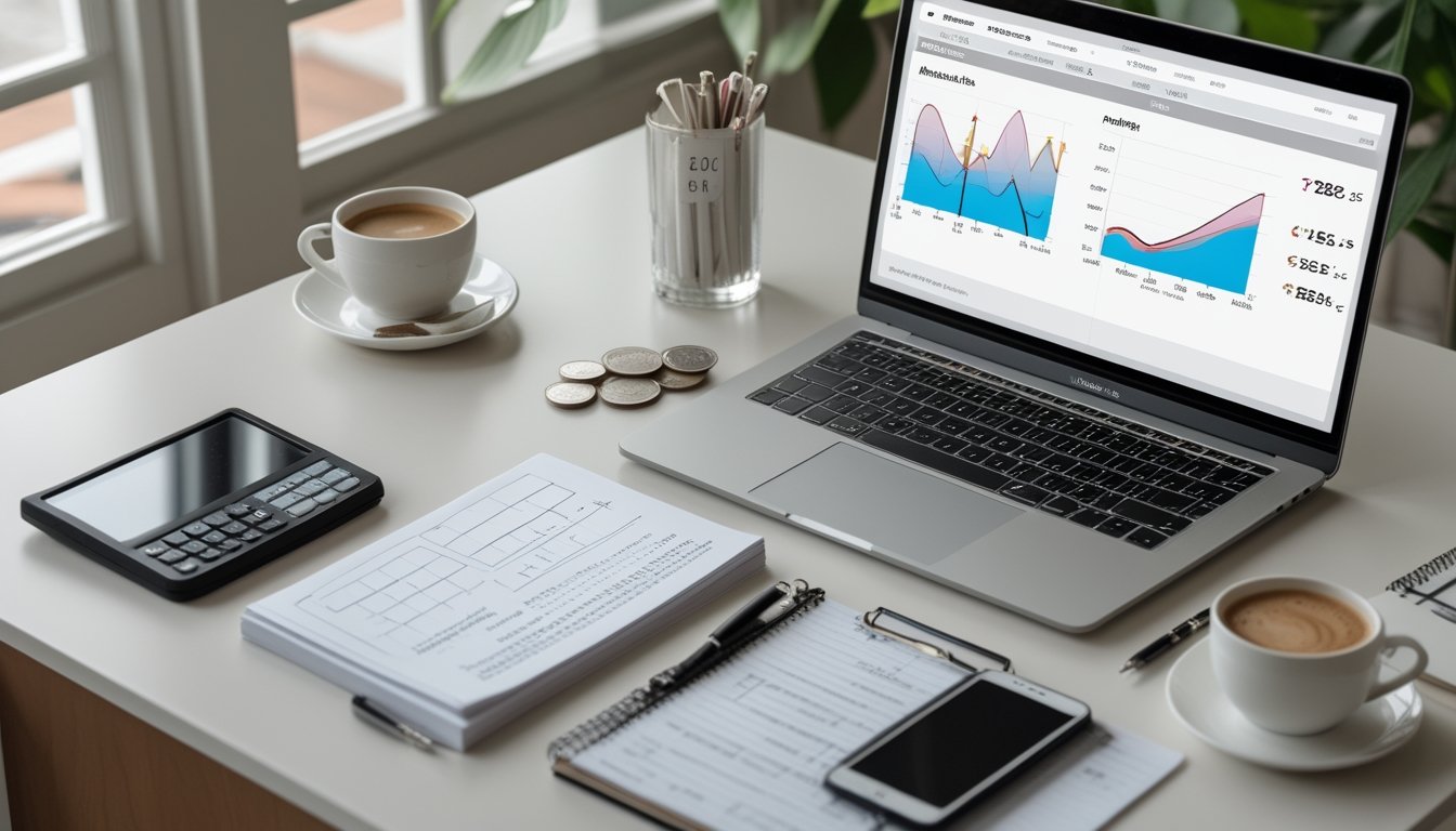 Meja kerja modern dengan laptop berisi grafik abstrak, komputer, buku catatan, koin, dan secangkir kopi.