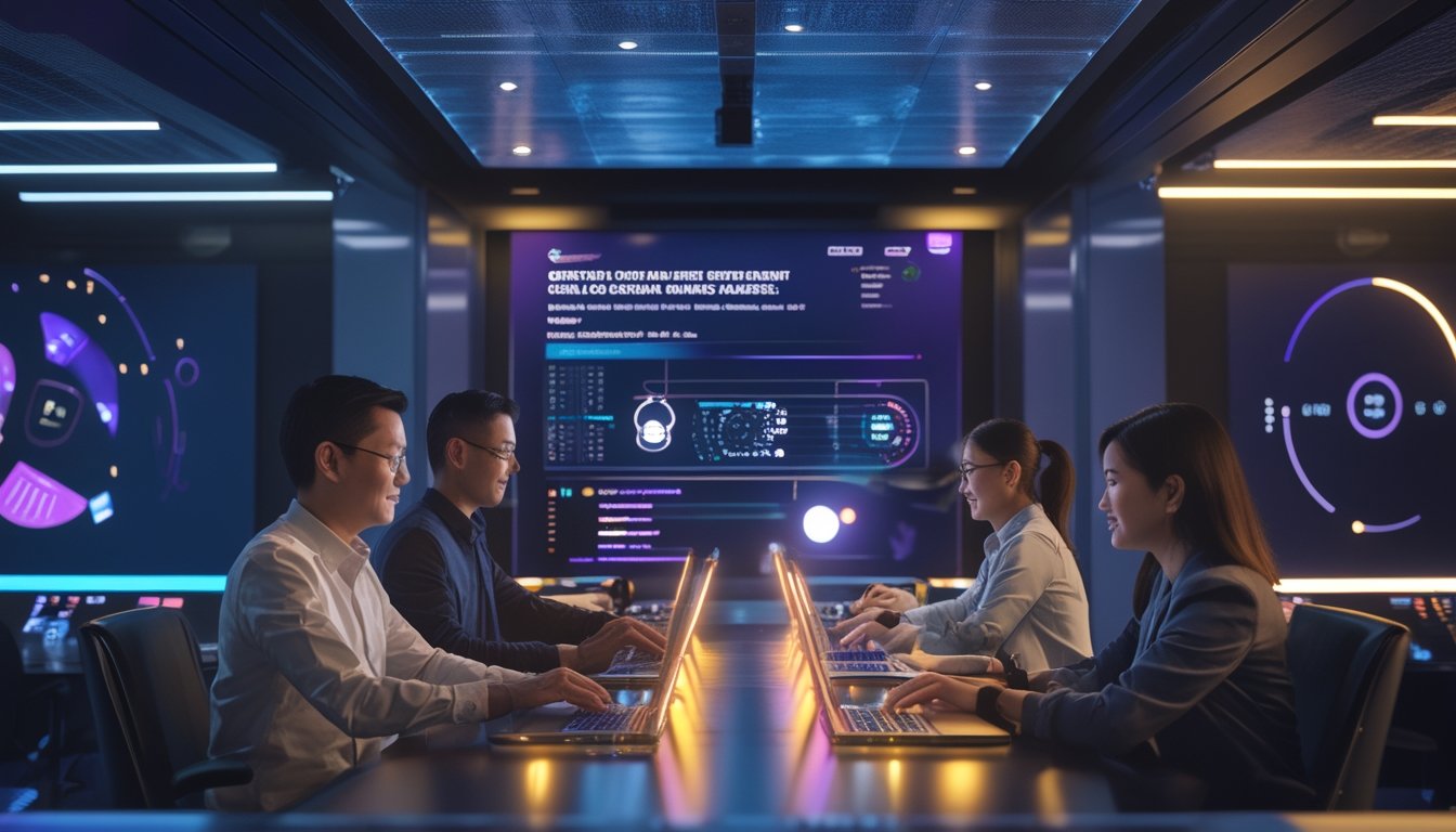 Orang dewasa menggunakan perangkat digital di ruang modern dengan tampilan teknologi bercahaya.