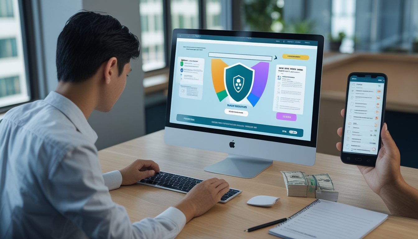Seorang profesional memeriksa keamanan dan kredibilitas situs web menggunakan laptop dan ponsel di meja kerja.