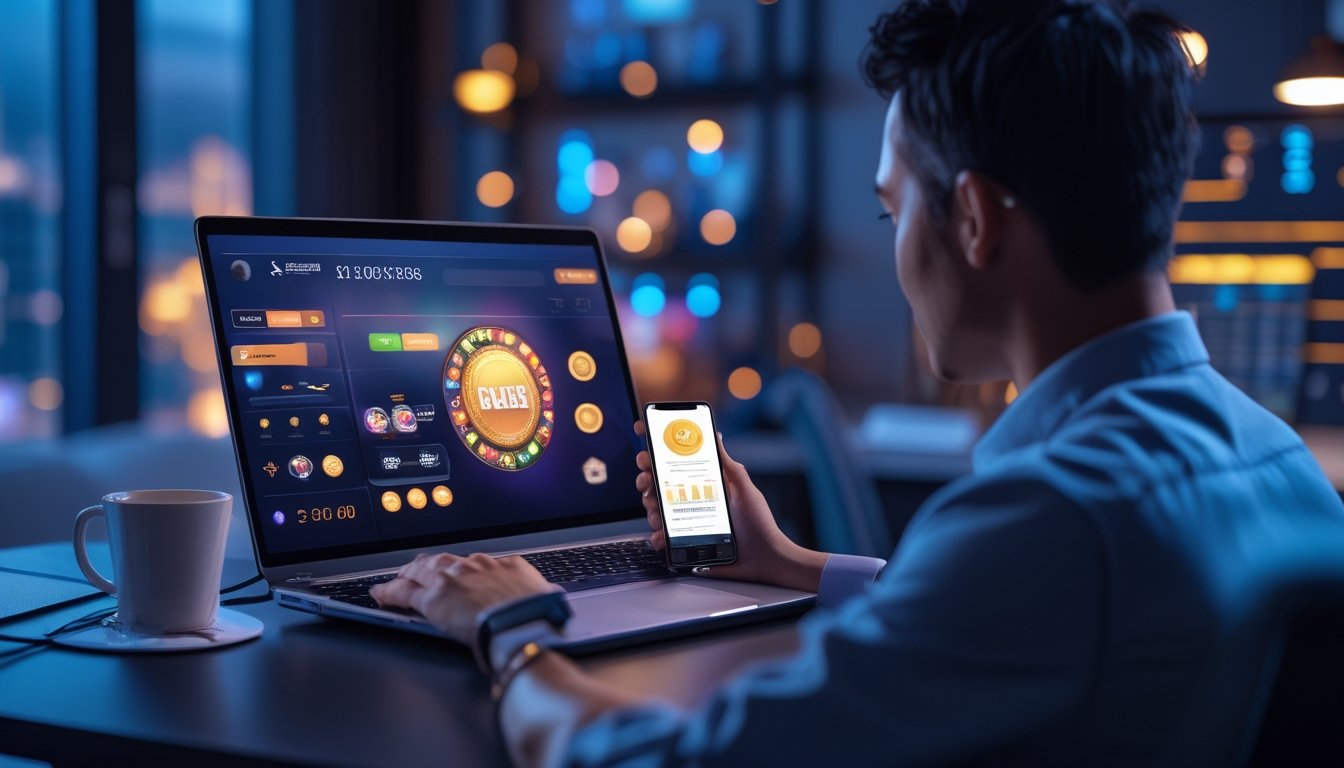 Orang dewasa menggunakan laptop dan ponsel dengan tampilan permainan digital abstrak di ruang kerja modern.