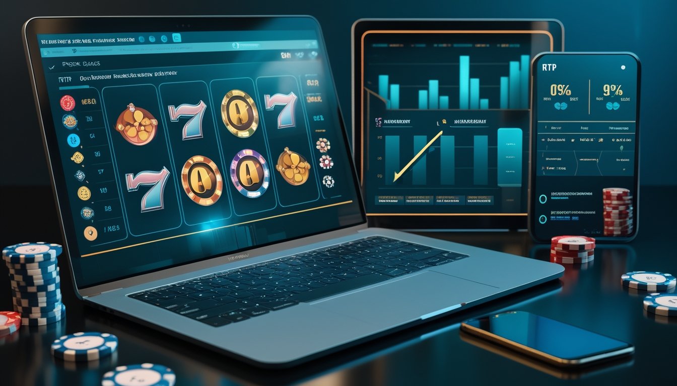 Analisis laptop dan tablet menampilkan visual permainan slot dengan grafik, kalkulator, dan keping permainan di atas meja.