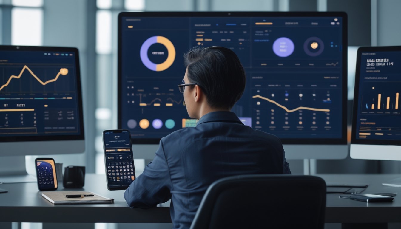 Seorang analis dewasa mempelajari grafik data abstrak pada beberapa layar di ruang kerja modern.