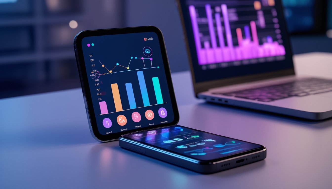 Ponsel menampilkan dasbor analitik digital abstrak di samping laptop pada meja kerja modern.