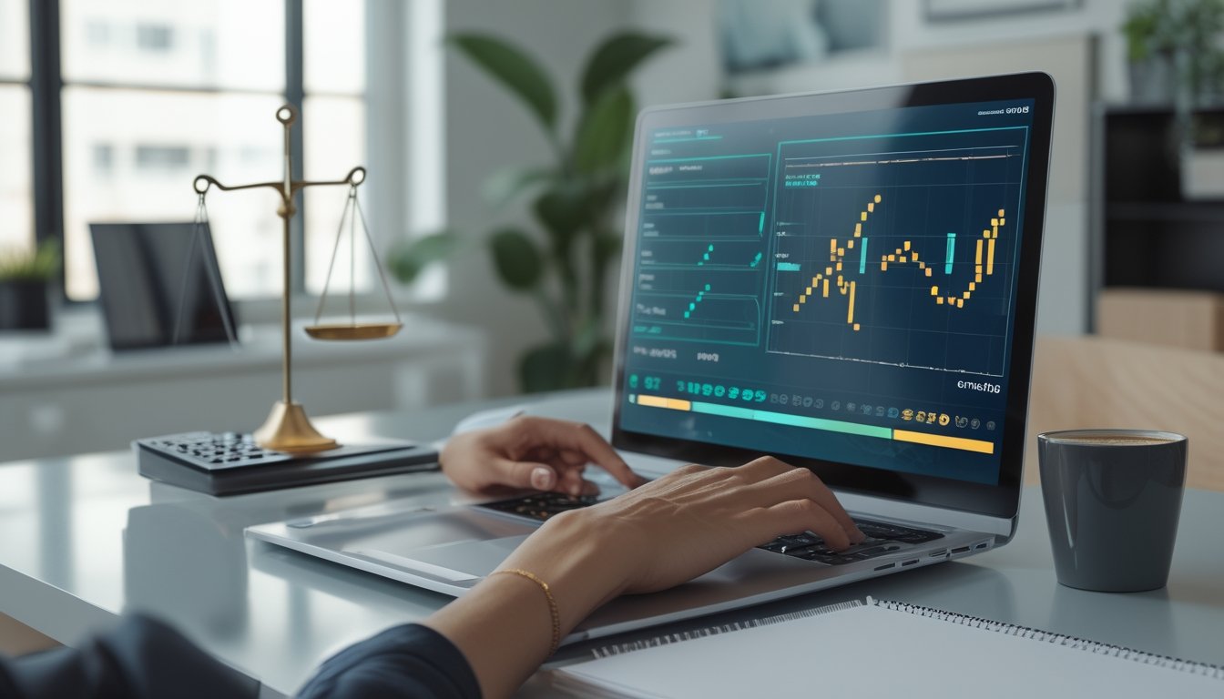 Seseorang menganalisis data permainan digital di laptop dengan kalkulator dan catatan kosong di meja kerja.