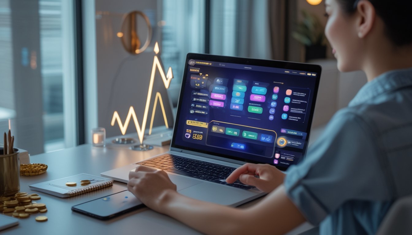 Seseorang menggunakan laptop dan ponsel di meja kerja modern dengan elemen permainan digital dan grafik meningkat.