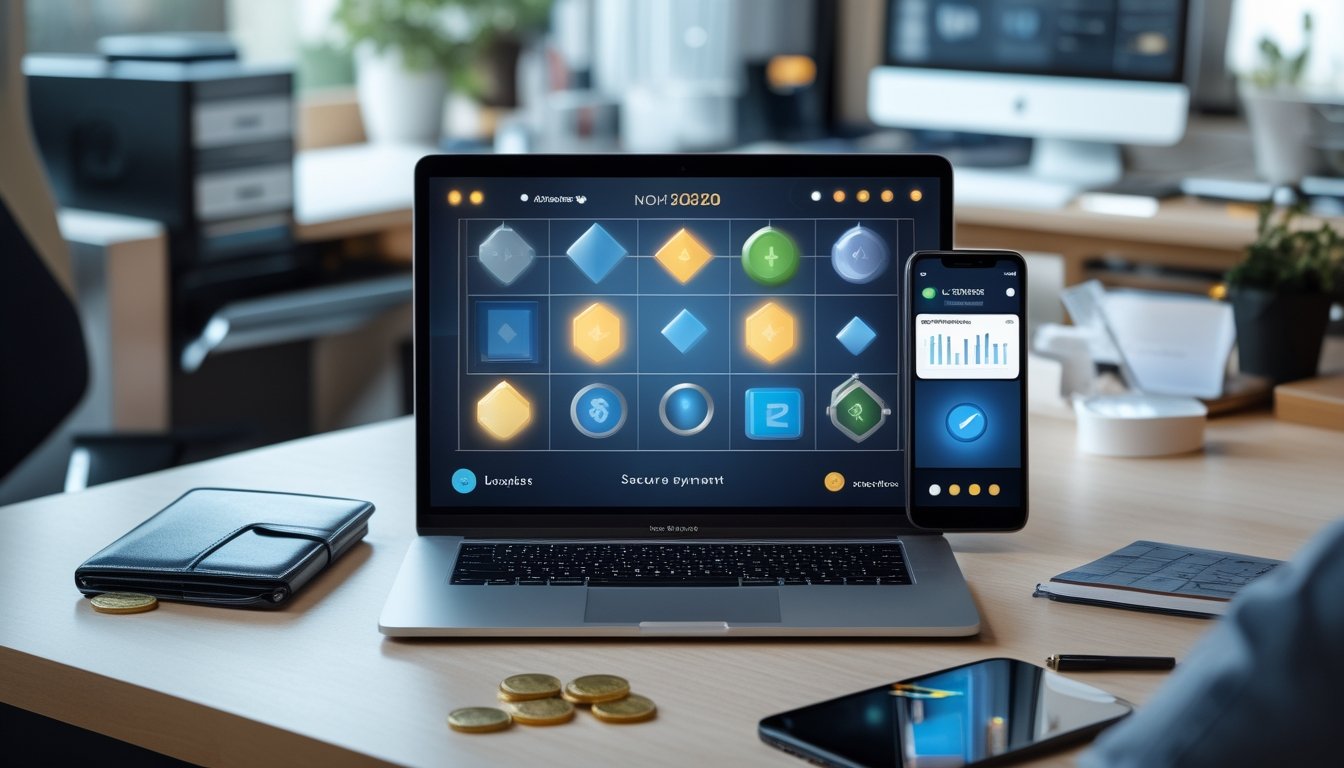 Meja kerja modern dengan laptop menampilkan antarmuka permainan abstrak, ponsel, dompet berisi koin, dan grafik kenaikan.