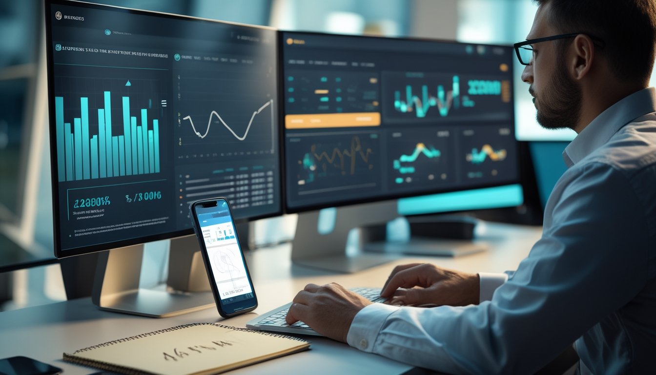 Seorang analis memeriksa grafik data permainan pada beberapa layar di meja kerja modern.