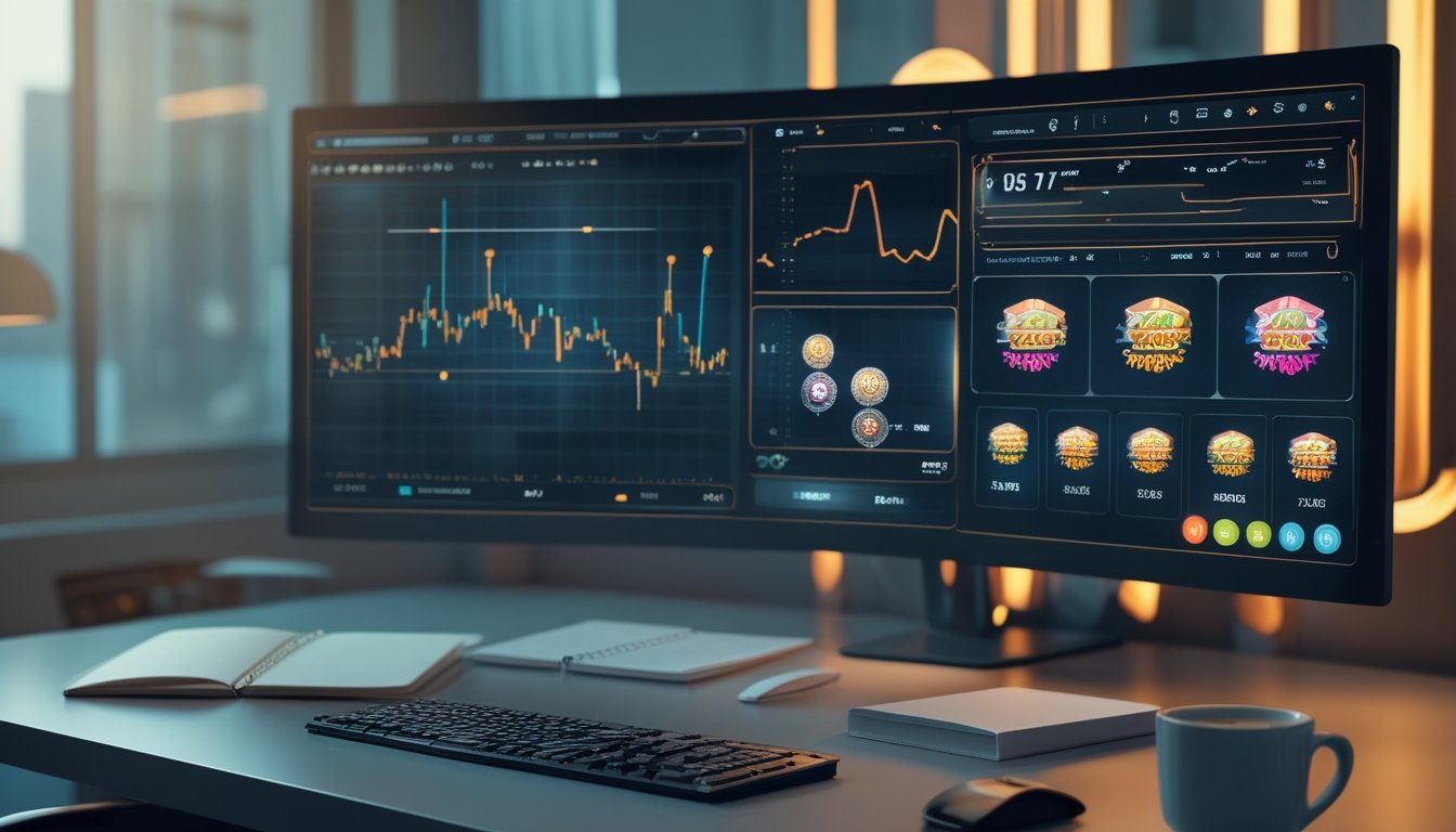 Meja kerja modern dengan monitor yang menampilkan analisis grafik dan visual permainan slot abstrak.
