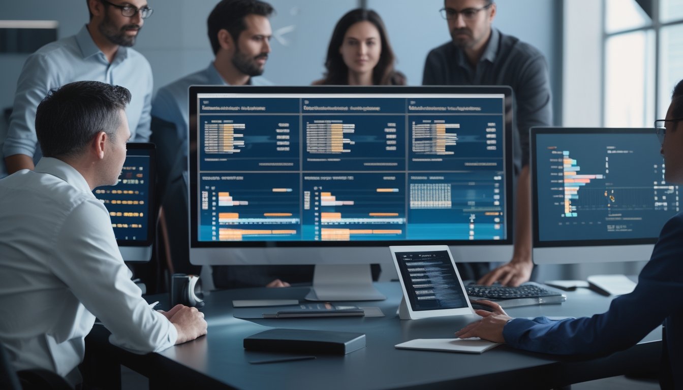 Sekelompok orang dewasa menganalisis grafik statistik pada komputer dalam suasana kantor modern.