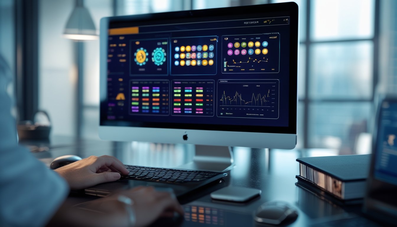 Meja kerja modern dengan monitor menampilkan grafik analitik kasino abstrak dan tangan yang menggunakan keyboard.
