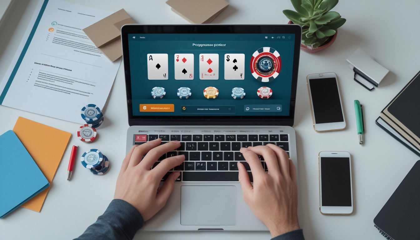 Meja kerja modern dengan laptop berisi antarmuka poker, kartu remi, keping poker, kalkulator, dan ponsel.