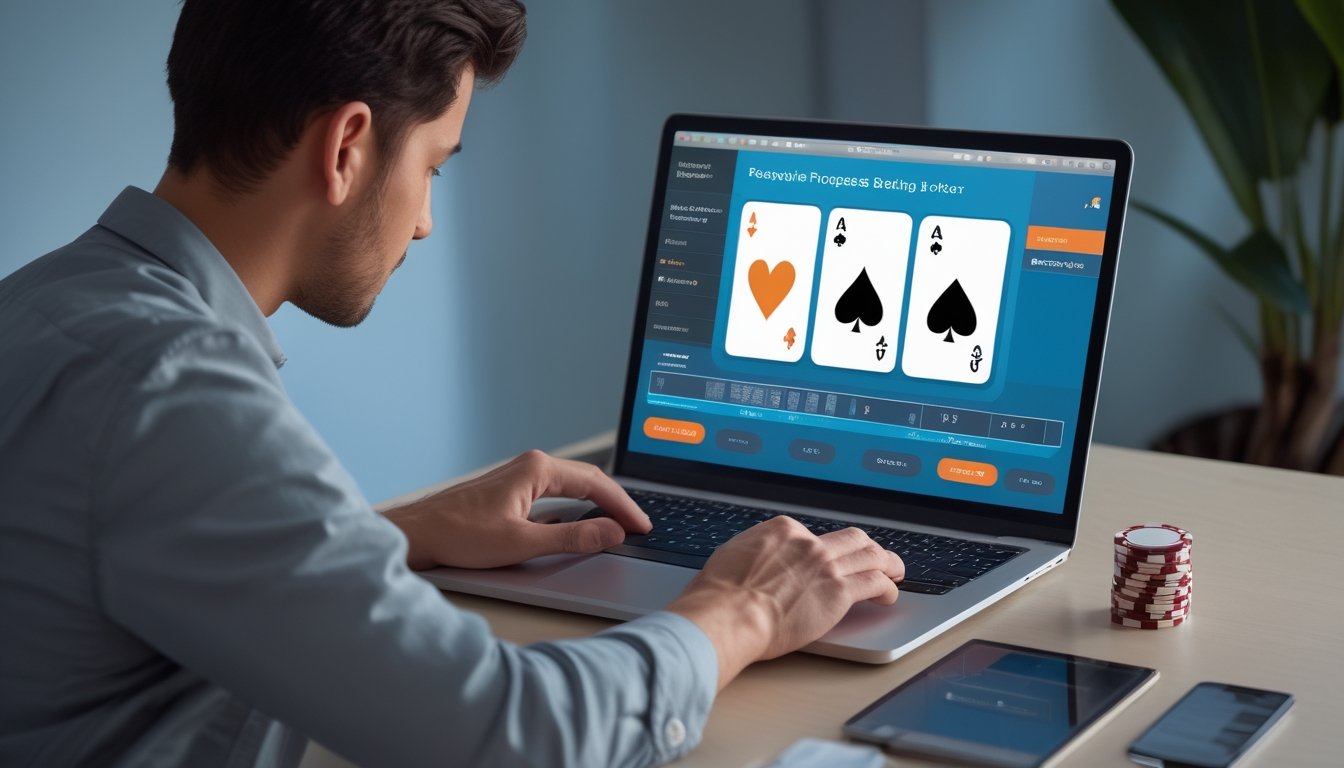 Orang dewasa mempelajari permainan poker online di laptop dengan beberapa chip, kalkulator, dan catatan anggaran di meja.
