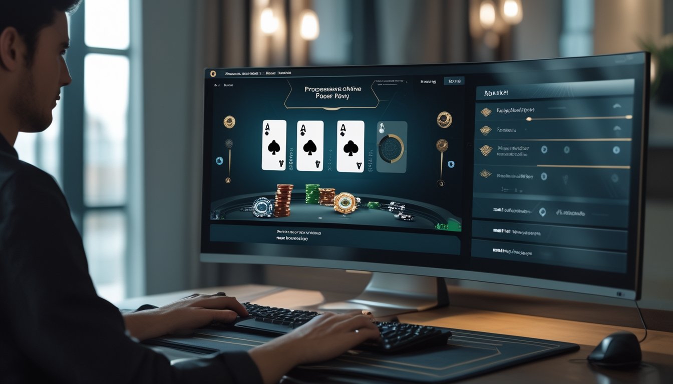Tangan pemain menggunakan komputer untuk memainkan poker online dengan kartu dan chip di layar.