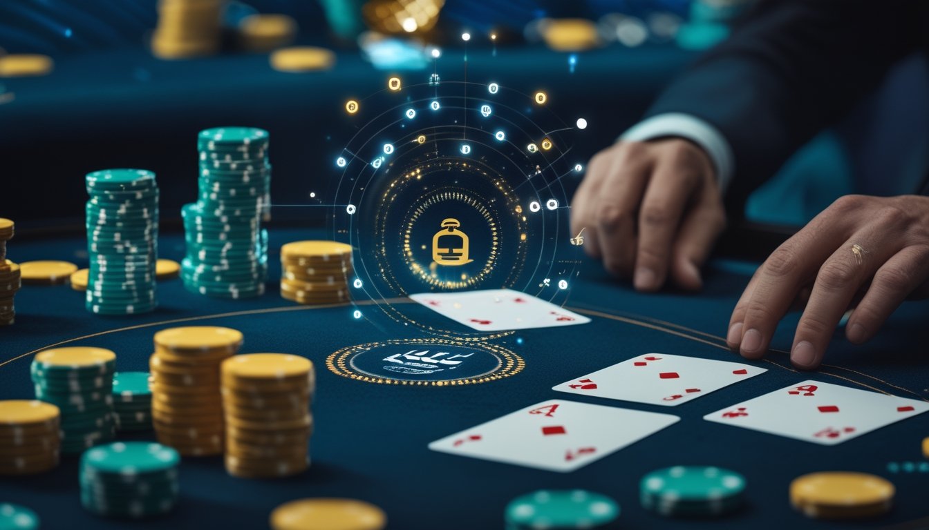 Pemain dewasa menganalisis kartu poker, chip, dan indikator jackpot progresif di meja permainan modern.