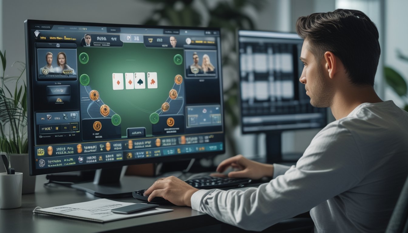 Pemain poker online mengamati pola taruhan lawan di depan komputer sambil mengamati.