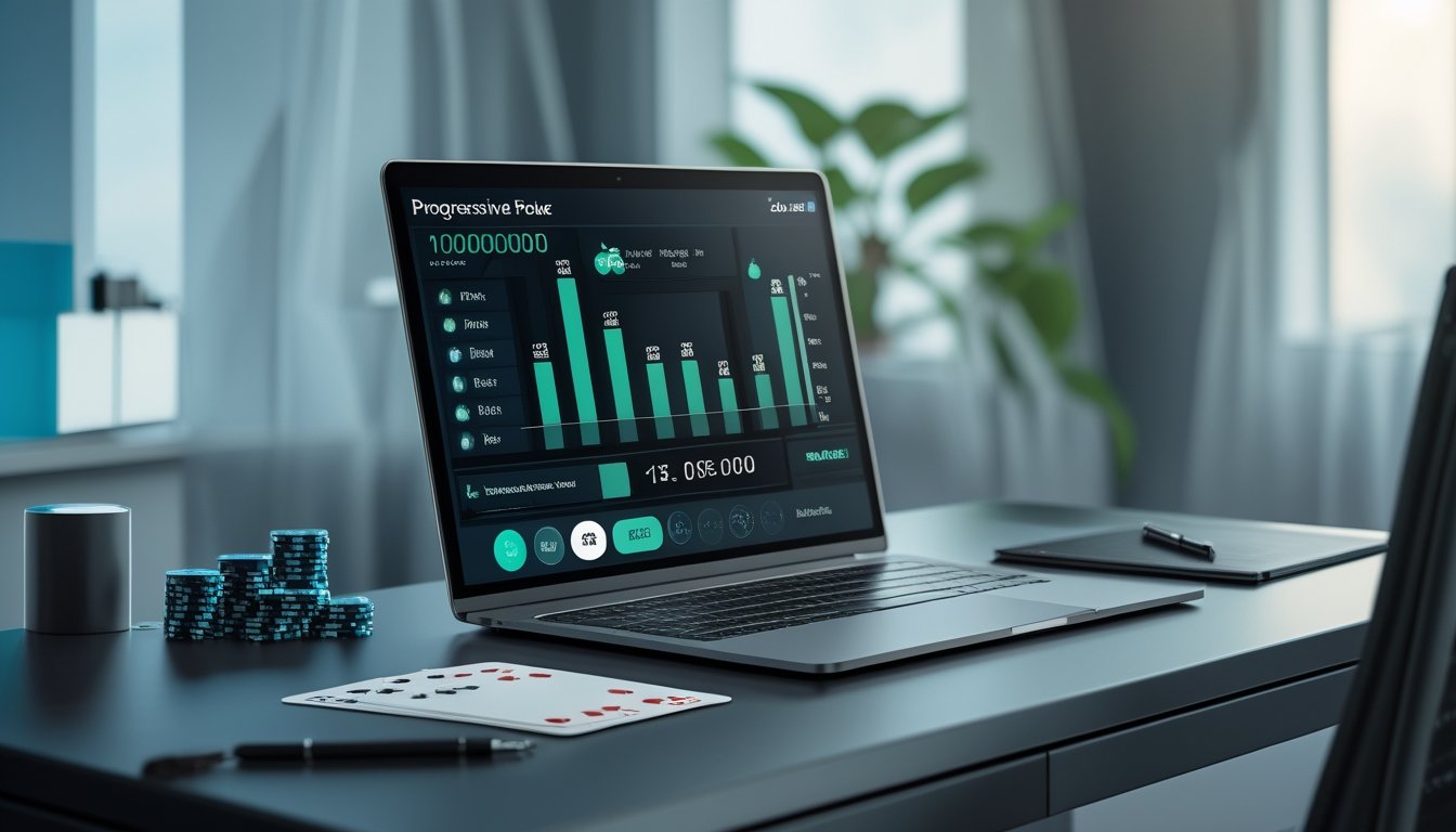 Meja kerja modern dengan laptop berisi tampilan poker bold, chip poker, kartu, kalkulator, dan analisis grafik.