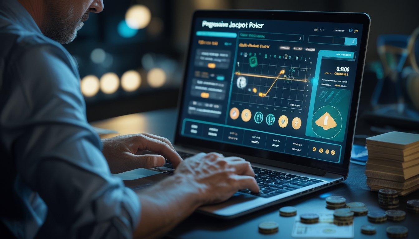 Pemain poker menganalisis peluang jackpot progresif melalui laptop dengan kartu, chip, dan grafik di atas meja.