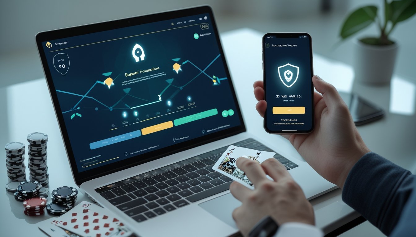 Seseorang menggunakan laptop dan ponsel untuk transaksi deposit dan penarikan dana pada platform poker online, dengan kartu dan simpan poker di meja.
