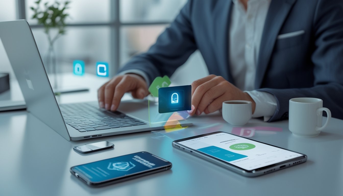 Seseorang menggunakan laptop dengan ponsel dan berbagai pilihan pembayaran digital di meja kerja modern.