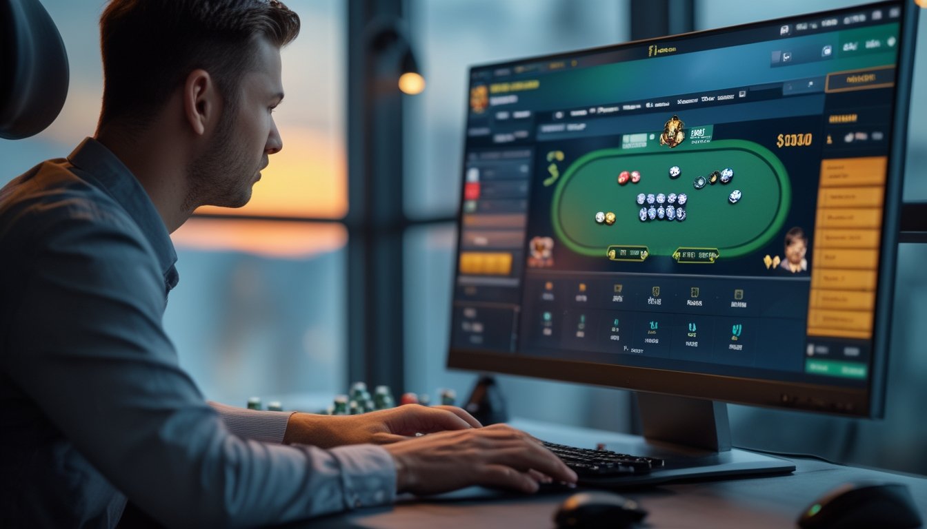Pemain poker online sedang fokus mengambil keputusan all-in dalam turnamen di depan komputer.