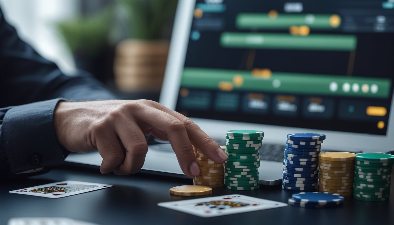 Pemain poker yang fokus mendorong chip ke tengah meja di depan laptop dengan kartu dan tumpukan chip.