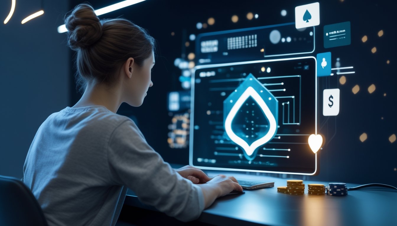 Pemain menggunakan laptop dengan elemen perisai digital, kunci, kartu poker, dan chip yang melambangkan keamanan dana serta identitas.