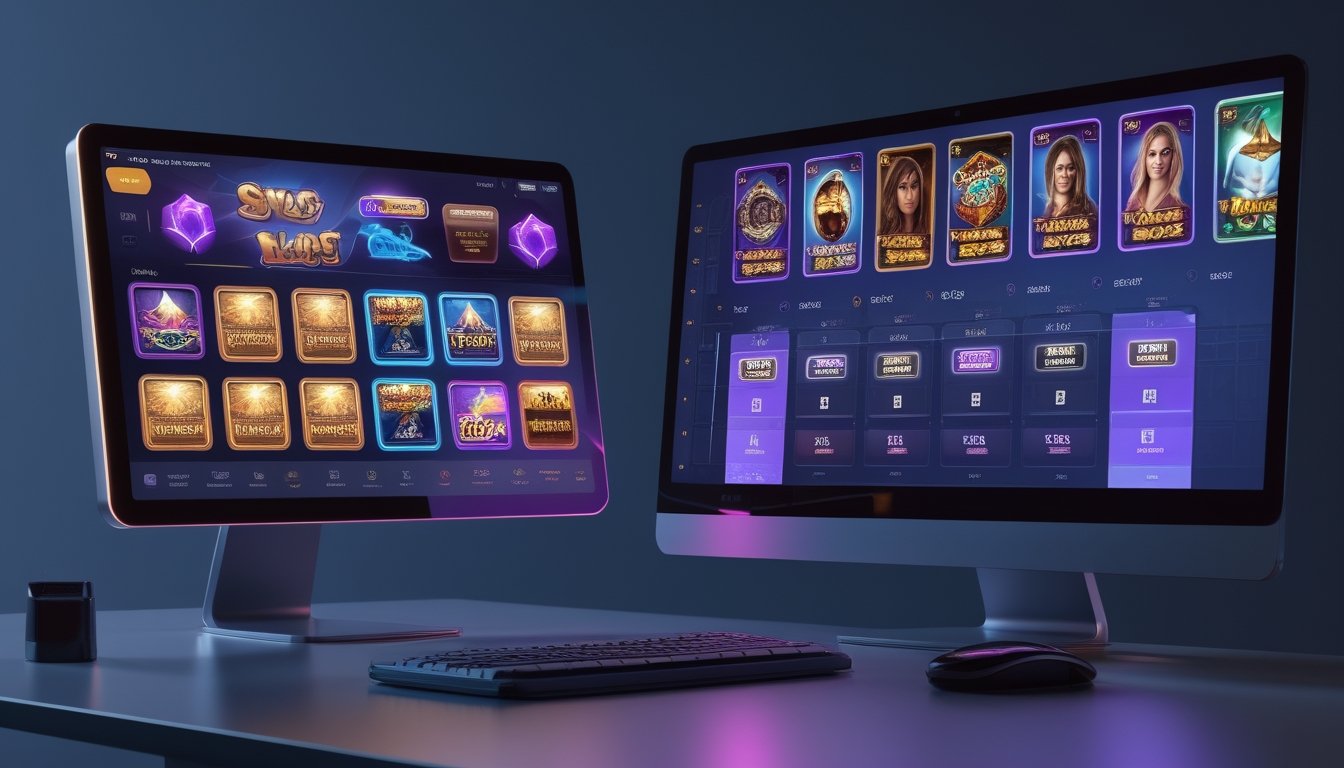 Perangkat komputer dan ponsel menampilkan beragam antarmuka permainan slot digital dalam susunan perbandingan modern.