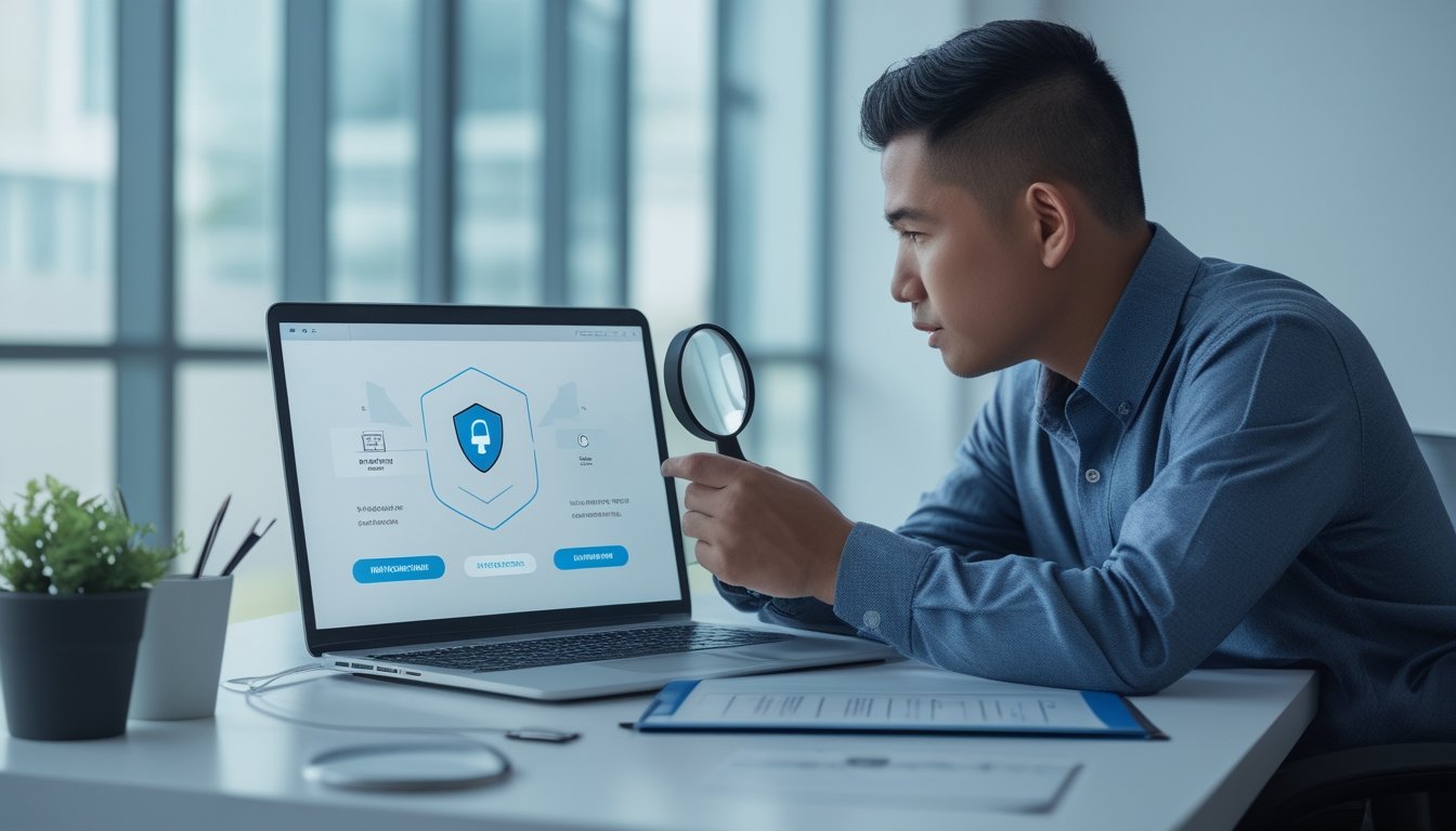 Seseorang memeriksa legalitas dan identitas operator situs online menggunakan laptop, dokumen, dan simbol keamanan.