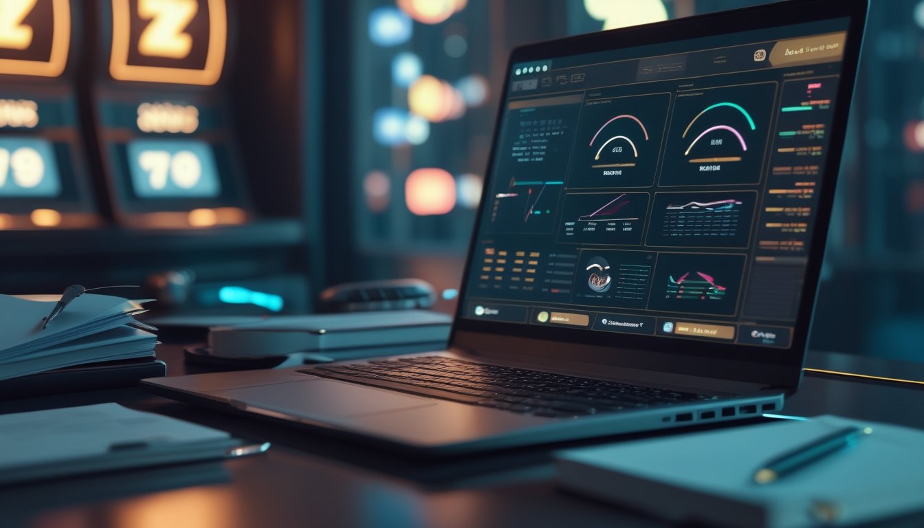 Meja kerja malam dengan laptop menampilkan grafik analisis statistik dan perlengkapan pencatatan.