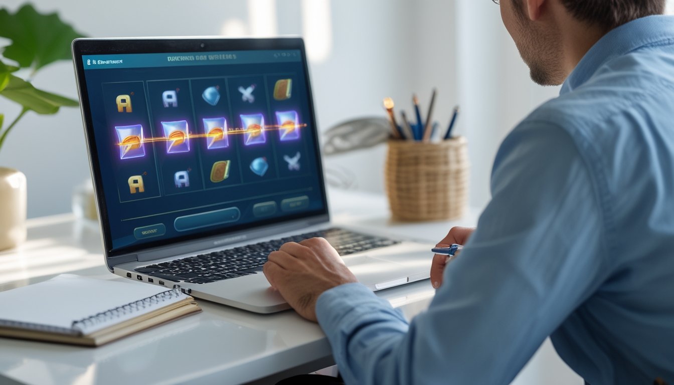 Seseorang mempelajari garis pembayaran pada permainan slot melalui laptop di meja kerja.