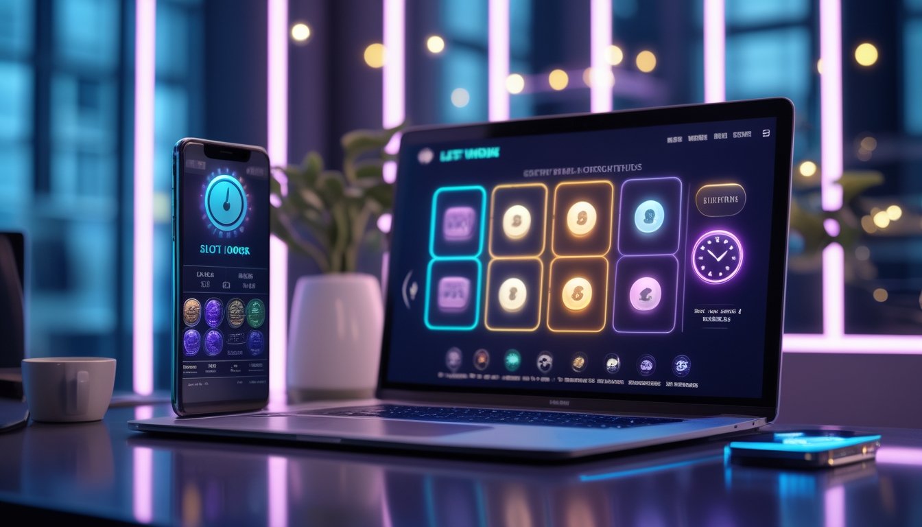 Perangkat laptop dan ponsel menampilkan antarmuka permainan digital berwarna-warni di meja modern.