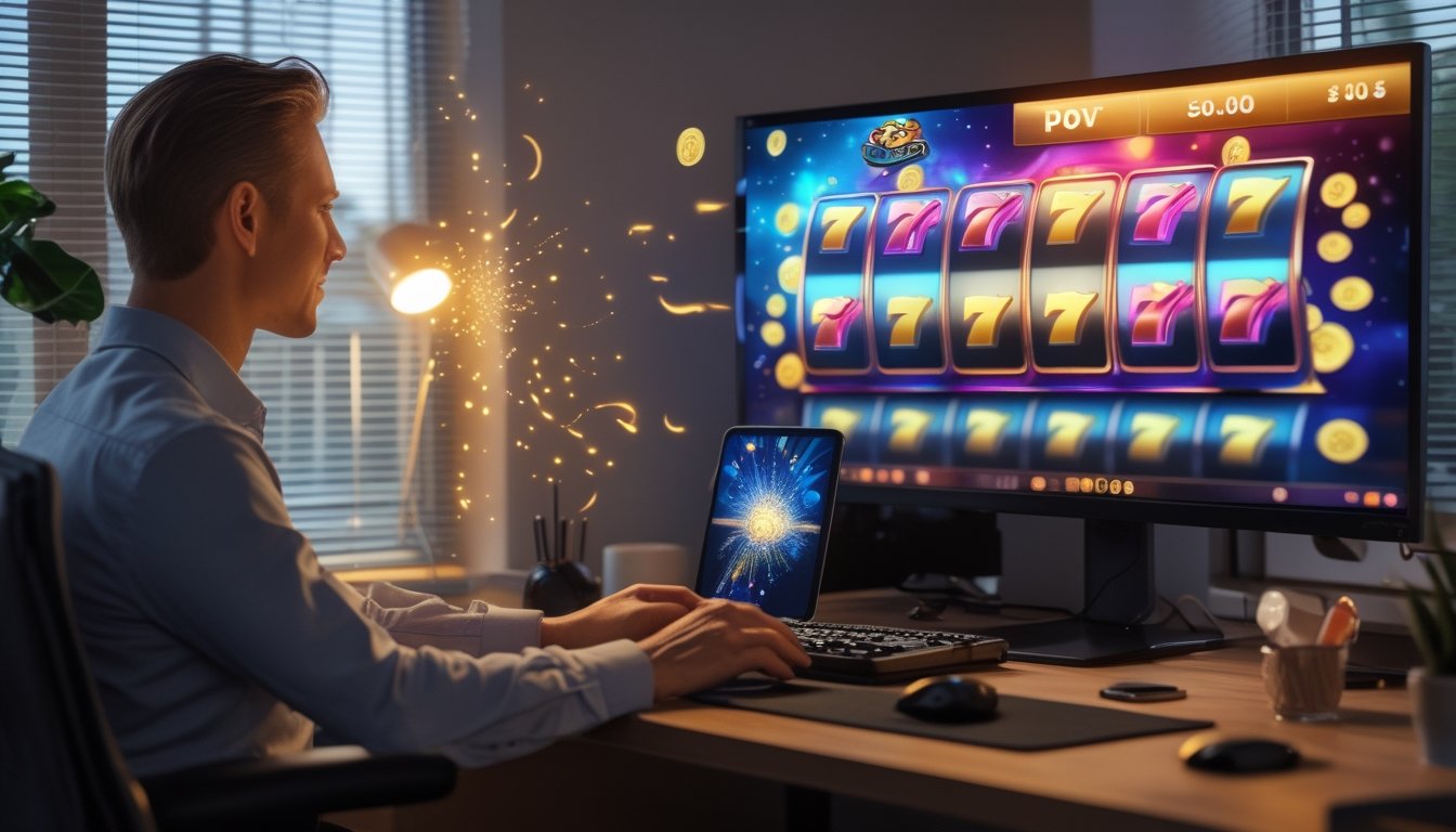 Seseorang menggunakan komputer untuk memainkan permainan slot dengan efek putaran gratis yang bercahaya.