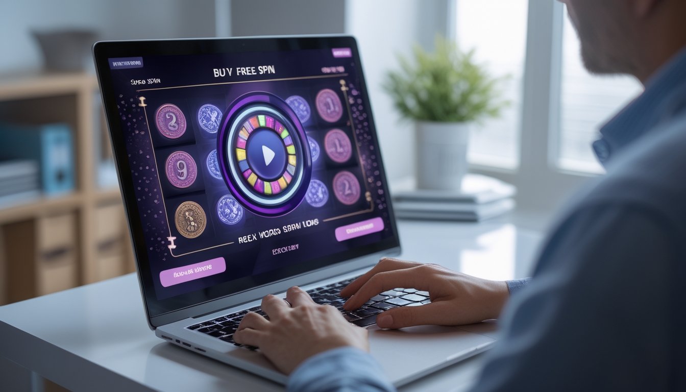 Orang dewasa menggunakan laptop dengan tampilan permainan slot digital dan fitur putaran bonus.