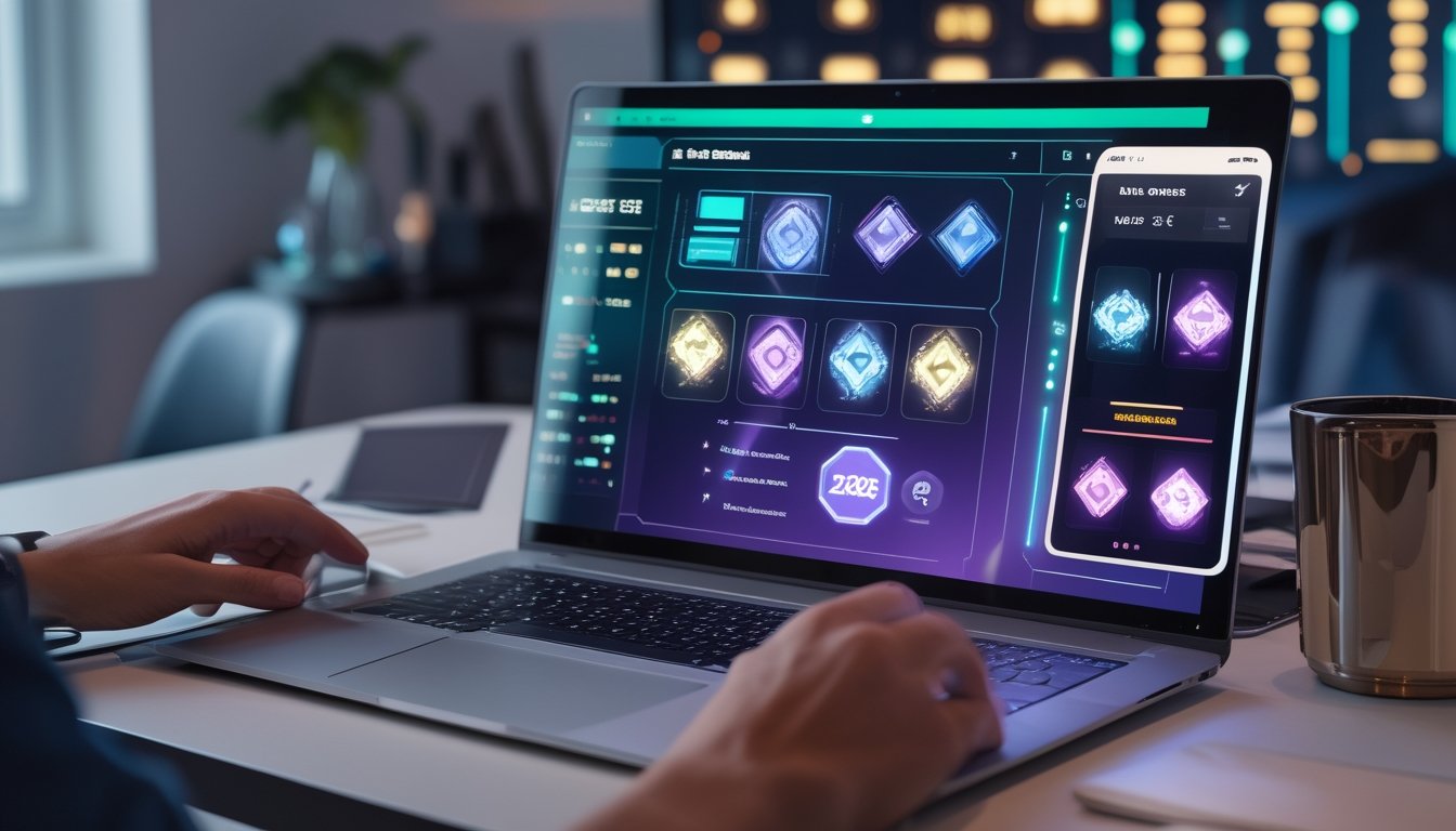 Orang dewasa menggunakan laptop dan ponsel dengan tampilan permainan digital serta grafik tren bercahaya.
