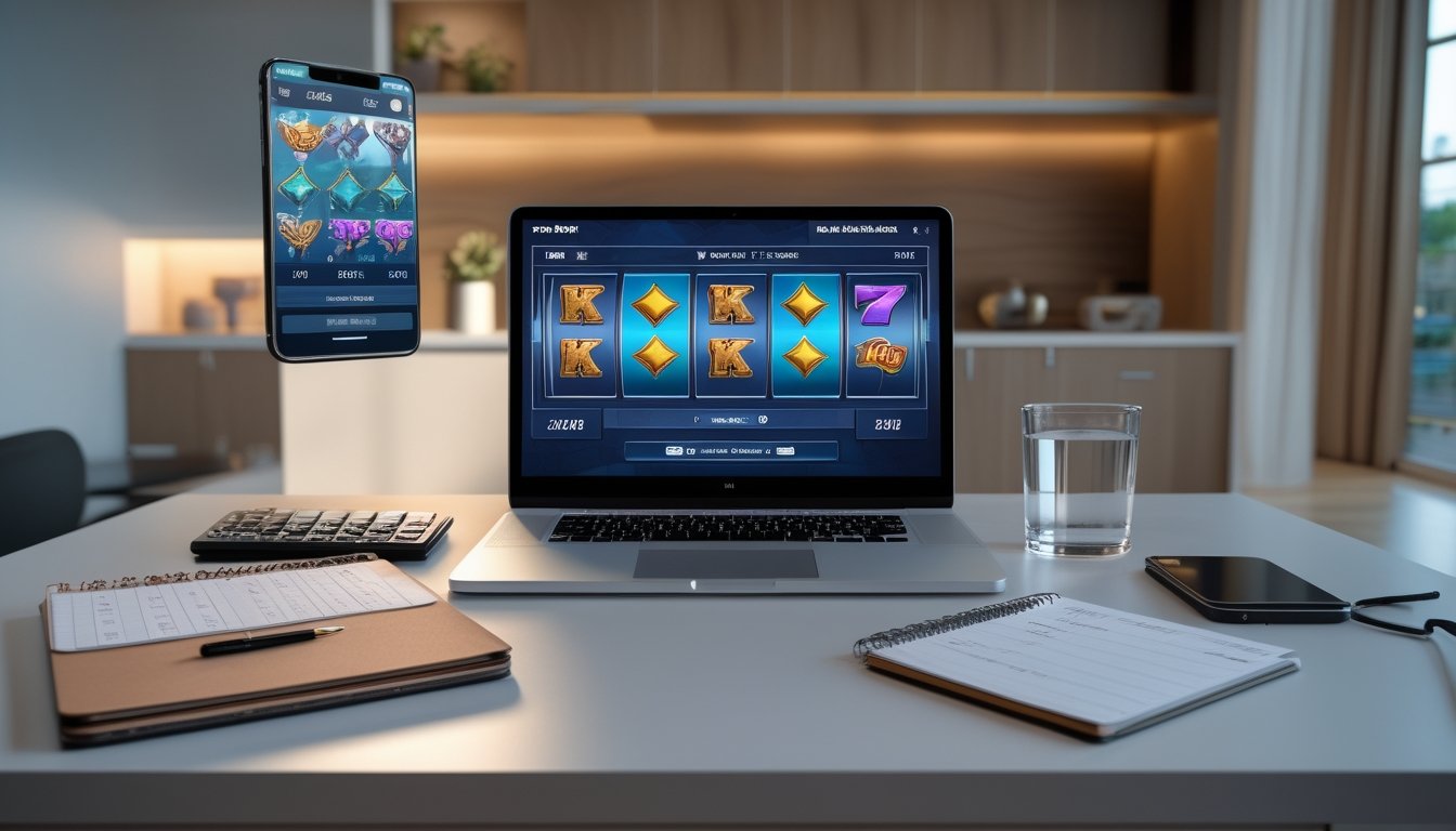 Orang dewasa melihat permainan slot digital generik di laptop dengan catatan strategi dan kalkulator di meja.