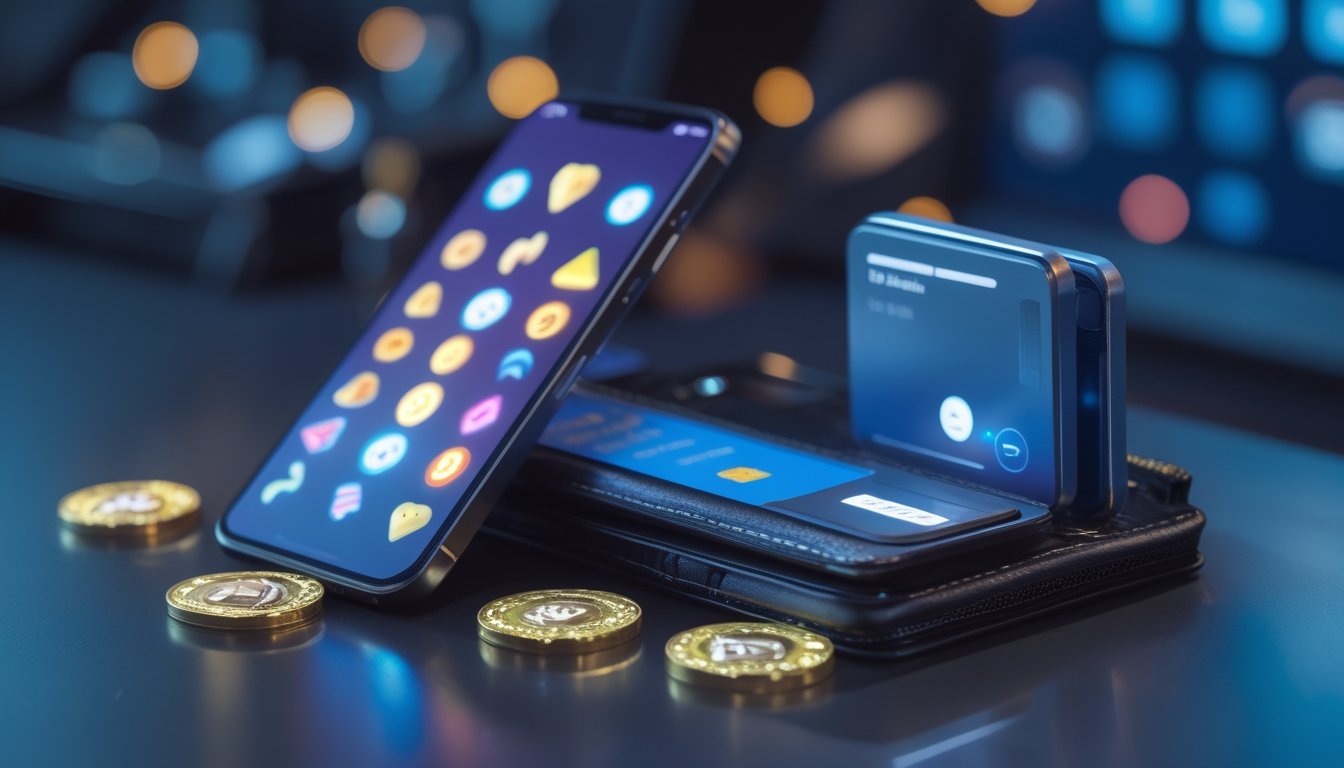 Ponsel menampilkan elemen permainan digital abstrak di samping perangkat pembayaran digital di atas meja modern.