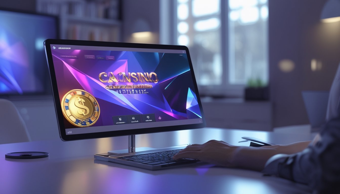 Laptop dan ponsel menampilkan antarmuka digital abstrak di atas meja modern dengan pencahayaan biru dan ungu.