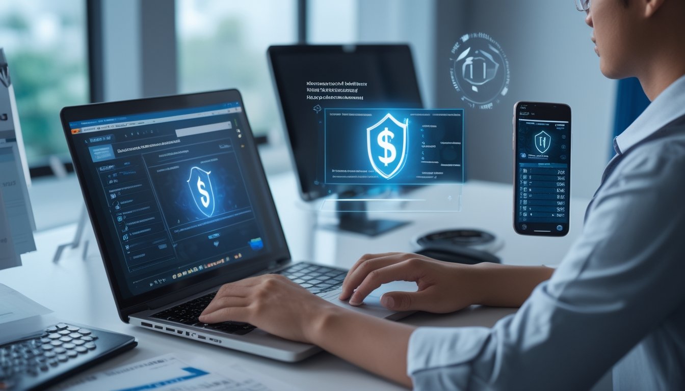 Profesional Indonesia memeriksa platform digital dan dokumen kepatuhan di ruang kerja modern.