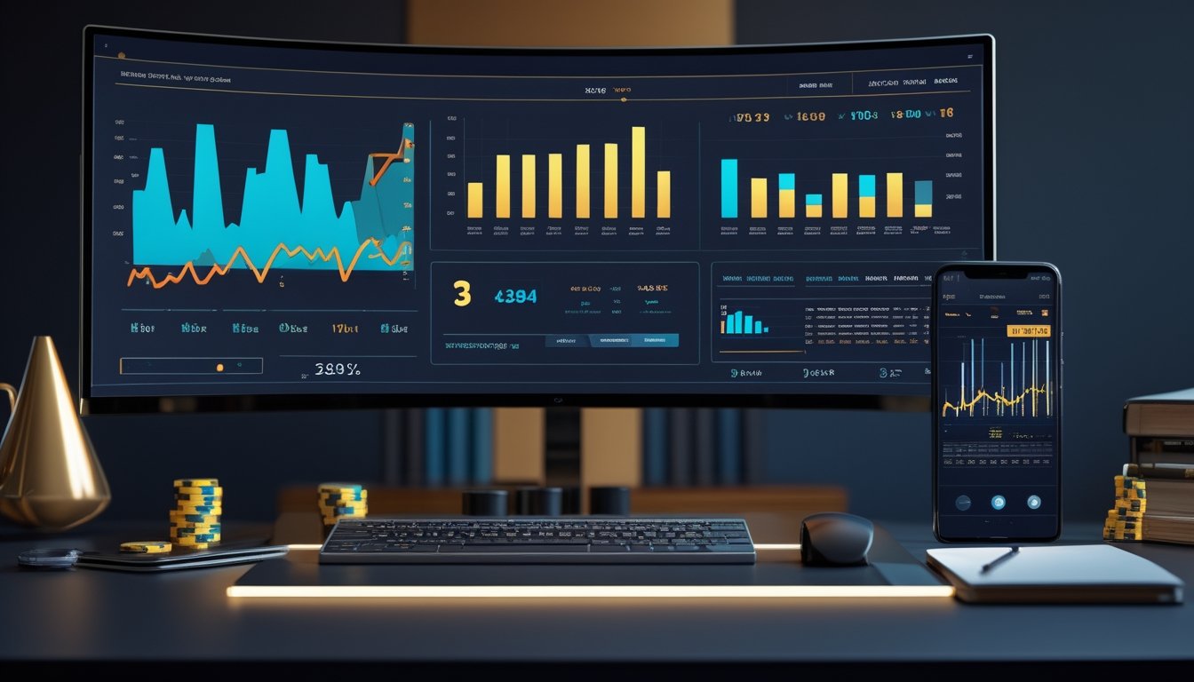 Meja kerja modern dengan monitor dan ponsel yang menampilkan grafik analisis abstrak, ditemani kalkulator, buku catatan kosong, dan beberapa koin kasino.