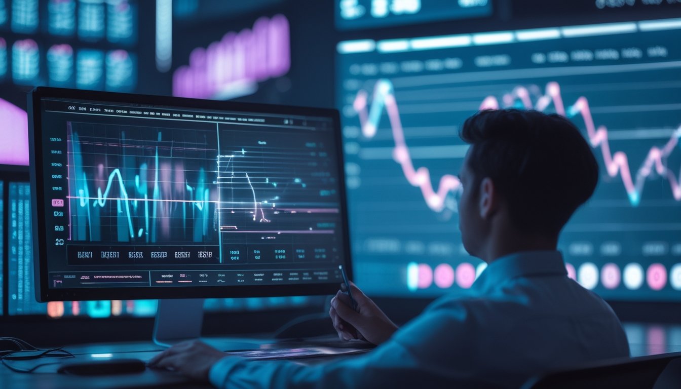 Seseorang menganalisis grafik statistik RTP yang berfluktuasi pada monitor di ruang kerja modern.