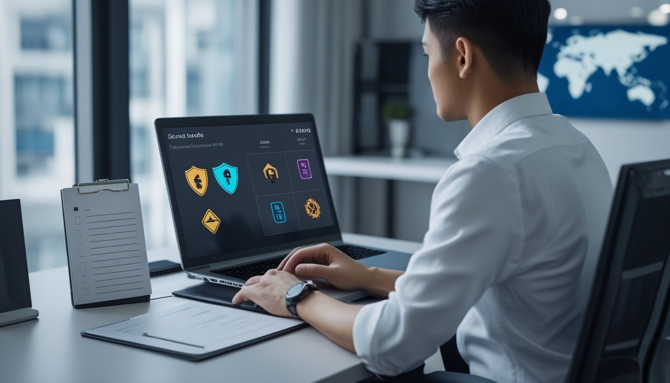 Pengguna dewasa memeriksa informasi legalitas perjudian daring dan keamanan situs pada laptop di meja kerja.