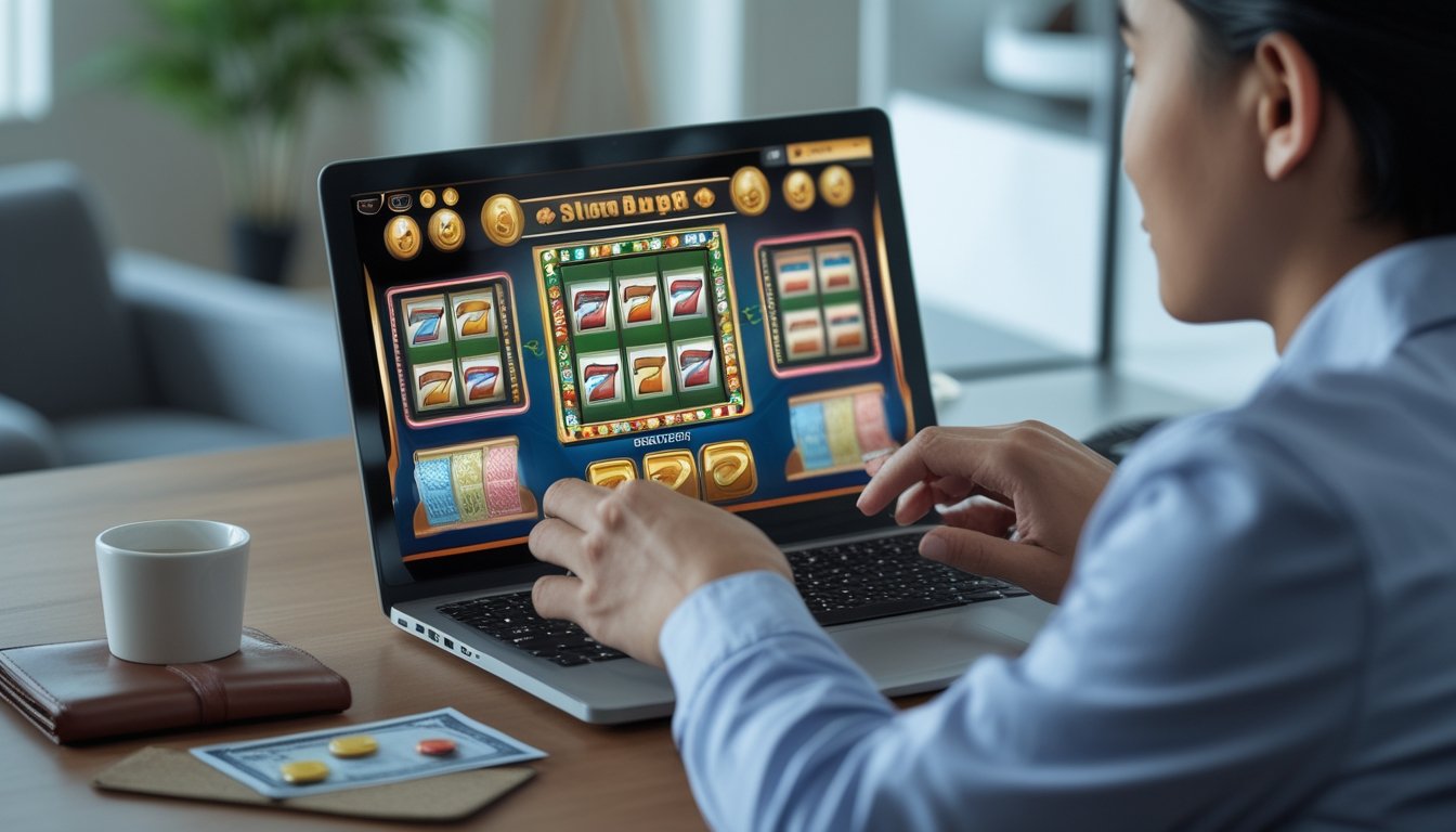 Orang dewasa menggunakan laptop untuk memainkan permainan slot daring di ruang kerja rumah dengan dompet dan catatan anggaran di dekatnya.