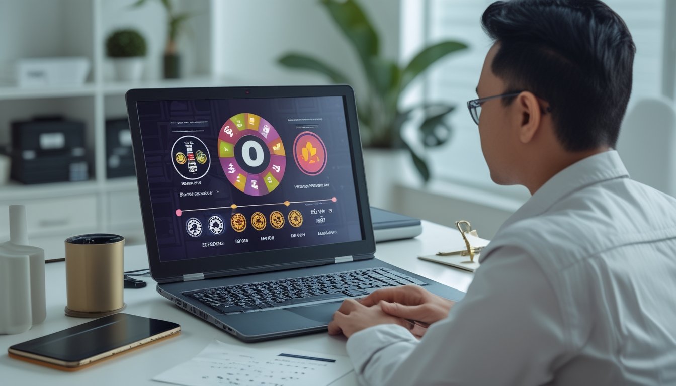 Seseorang mempelajari tampilan permainan slot digital sambil menyiapkan anggaran di ruang kerja.
