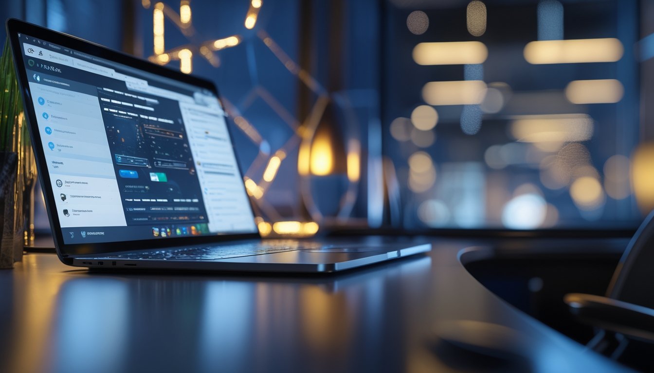 Laptop dan ponsel di atas meja dengan elemen cahaya digital yang menggambarkan akses daring.