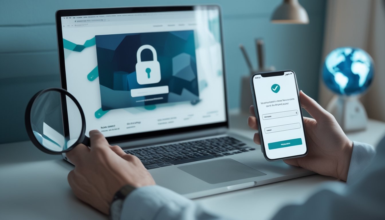 Seseorang memeriksa keaslian domain pada laptop dan ponsel dengan simbol keamanan.