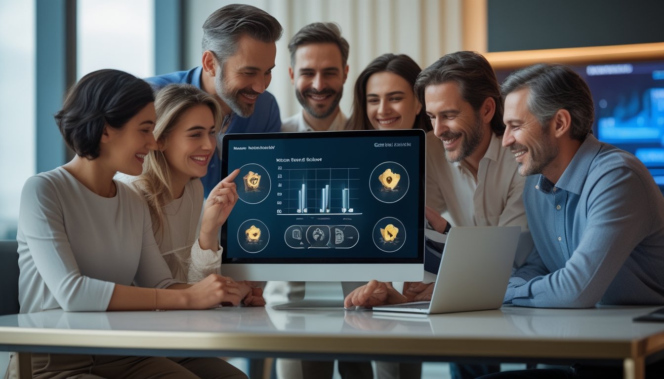 Sekelompok pengguna dewasa menikmati platform permainan digital melalui laptop dan ponsel dengan suasana aman dan menyenangkan.